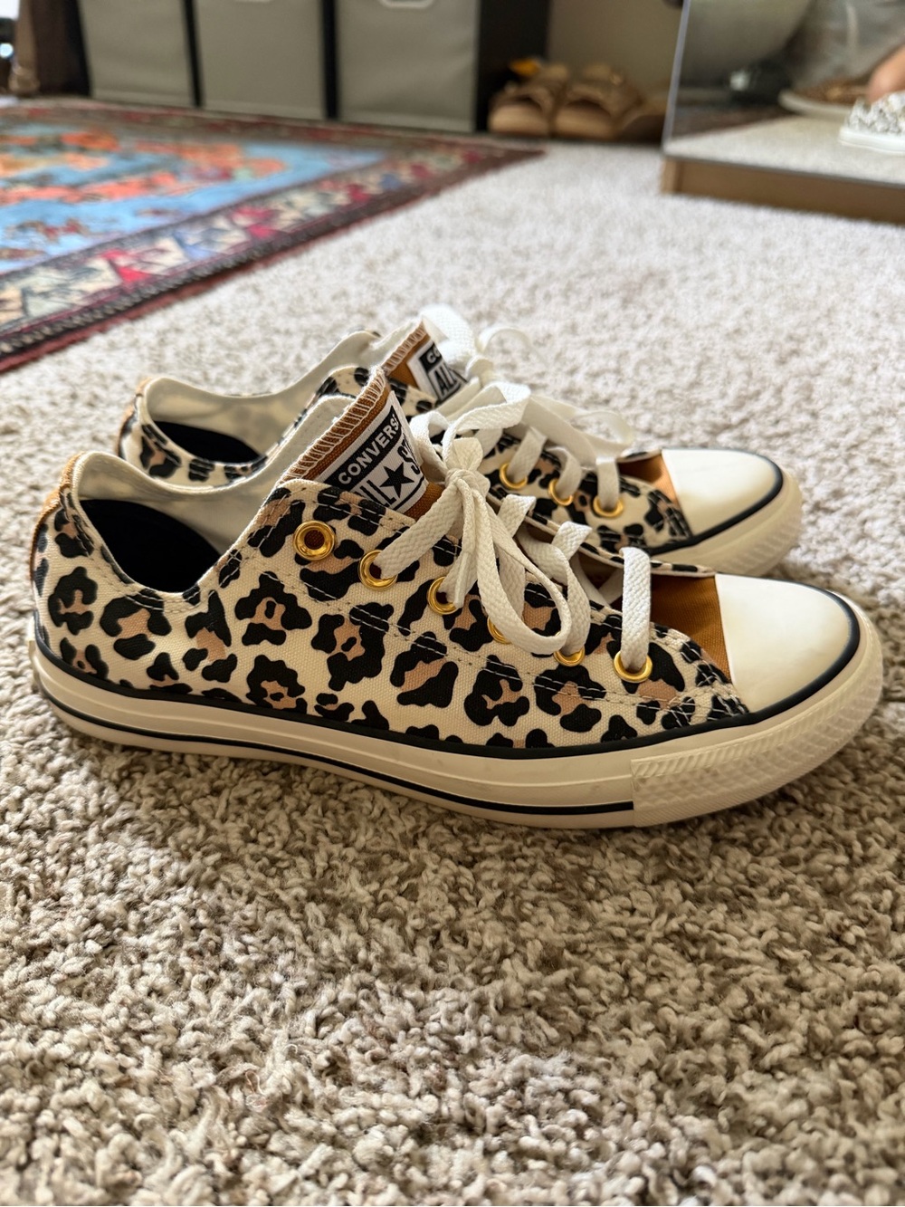 Converse Low Top Leopard Print Sneakers - White/Tan/Black